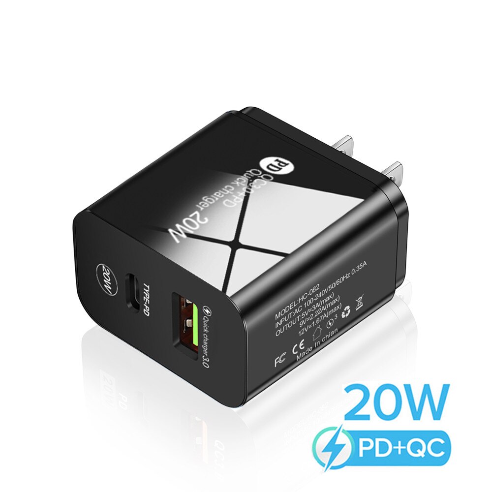 PD 20W ładowarka USB C QC + PD 2 Port LED szybka ładowarka ścienna do telefonu iPhone 13 12 Huawei Xiaomi Samsung szybka ładowarka: Black US