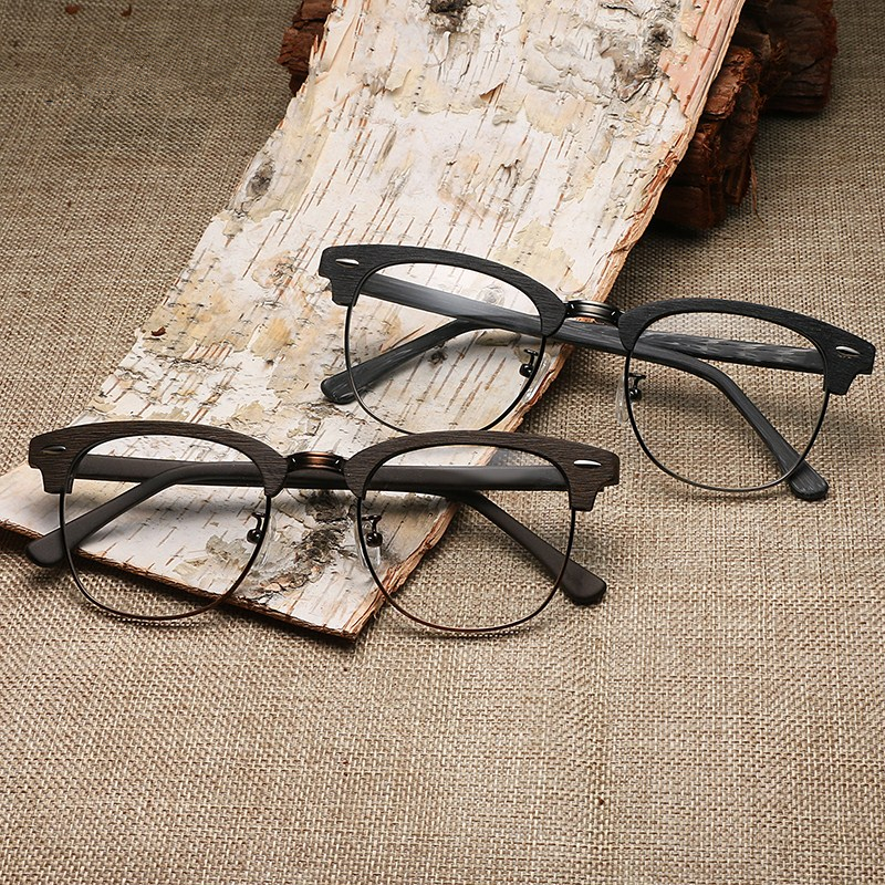 HDCRAFTER Vintage Optical Wood Glasses Frame with Clear Lens Men Women Half Frame Wooden Reading Glasses Eyeglasses Frame