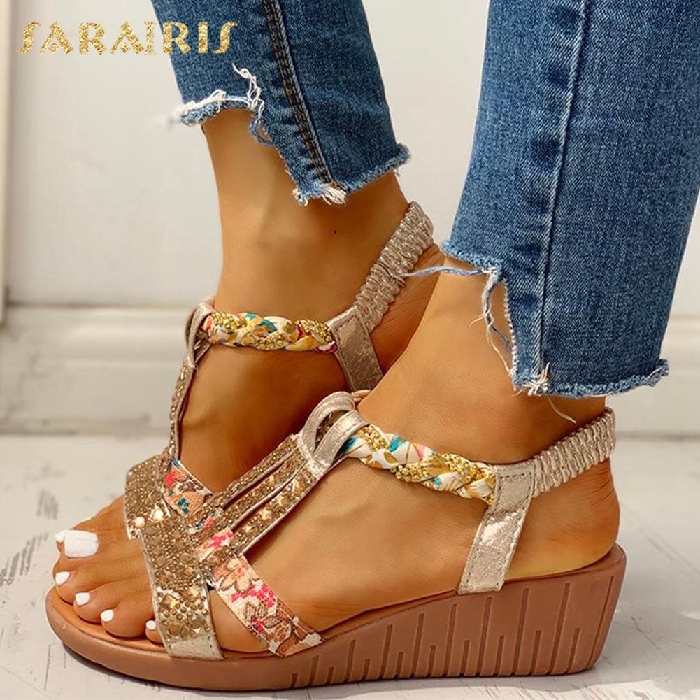 Sarairis gladiator kilehæle elastikbånd krystaller sommer kvinder sko kvinde sandaler fritid strandsandaler