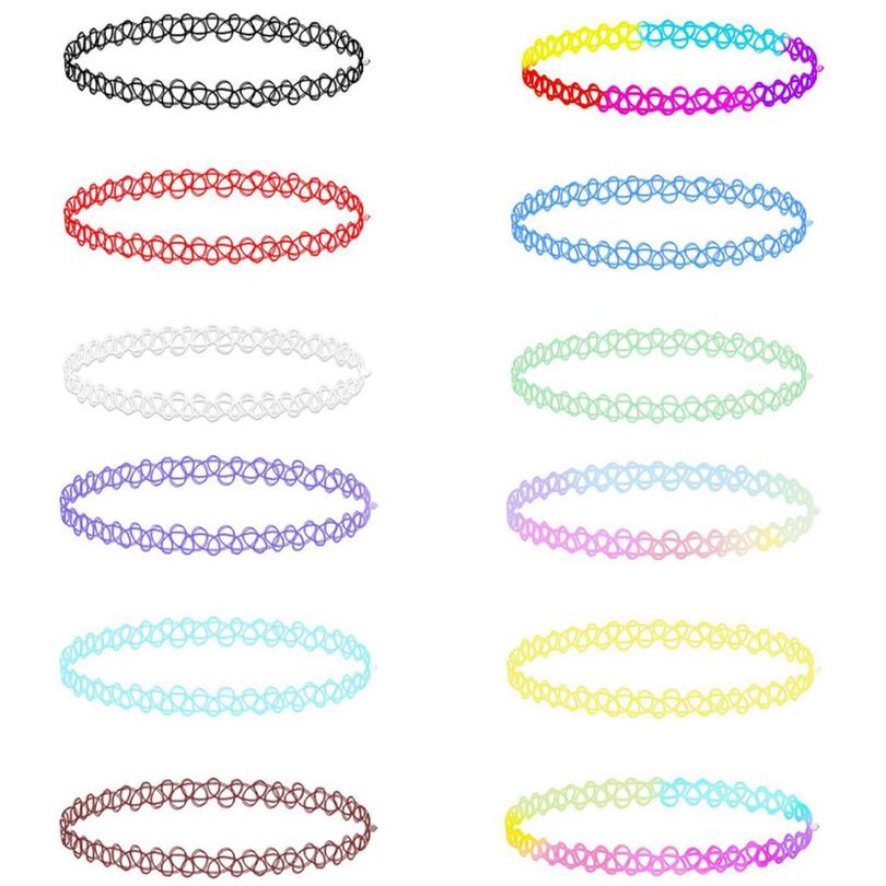 Collier de tatouage arc-en-ciel pour filles, couleurs mélangées, Vintage, breloque gothique, extensible, Punk, élastique, bijoux pour femmes, 12 pièces/paquet: Colorful