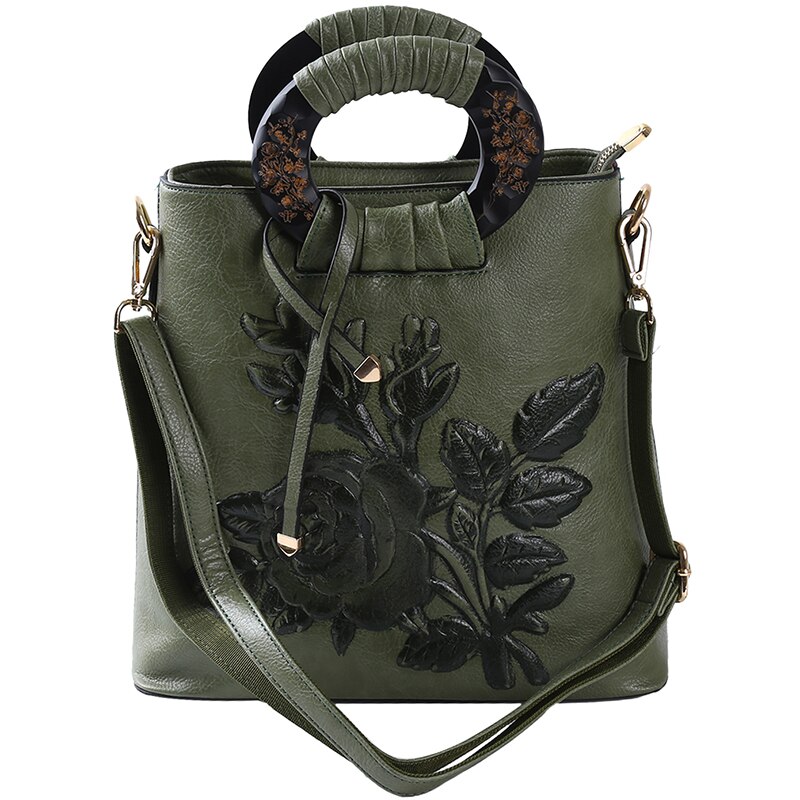 Sac à main rétro à motif de fleurs rouges pour femmes, asymétrique épaule, sacoche en cuir gaufré, sacoche seau, sacoche chinoise,: green