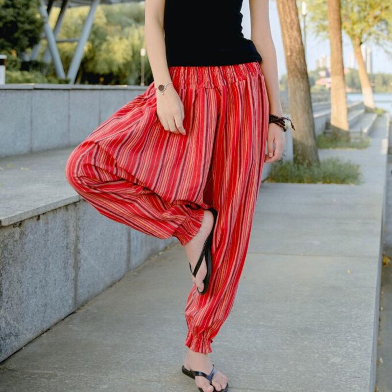 Woman Linen Pants Bloomers Woman Casual Travel Harem Pants Fluid Big Crotch Pants Indian Nepal Baggy Pants green red brown