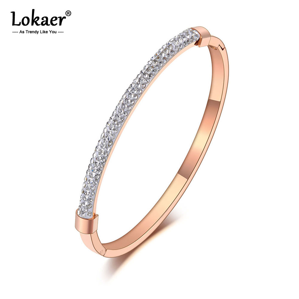 Lokaer Frizzante Pieno di Argilla di Cristallo In Acciaio Inox Bracciali Braccialetti Per Le Donne Ragazze In Oro Rosa Del Polsino Dei Monili Del Braccialetto B19065