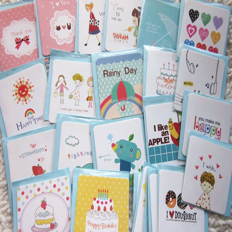24pcs Mini Kawaii Greeting Card Birthday Love Writing Blessing Cards Festival Simple Paper Card+Envelop 7*7cm Cartoon Cards