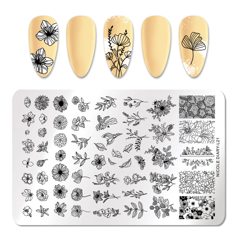 Nicole Dagboek Grote Rechthoek Stempelen Plaat 14.5*9.5 Cm Bloemen Bloemen Rvs Nail Art Stencil Plant Stempel template