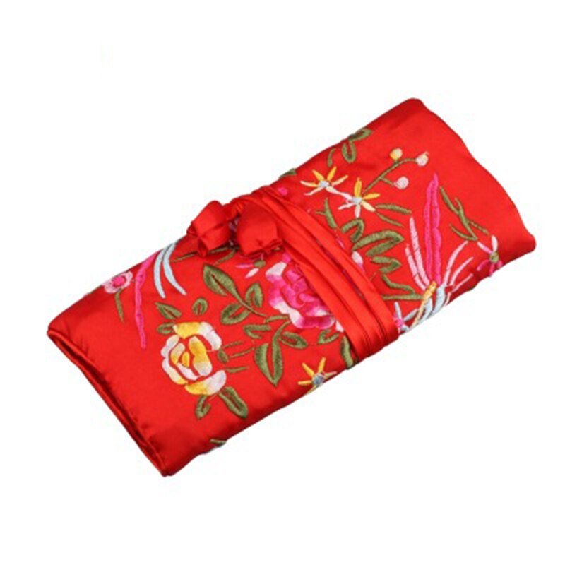 Portable Ladies Travel Jewelry Roll Bag Embroidery Jewelry Packaging Bag Women's Jewelry Organizer Case Pouch: Red