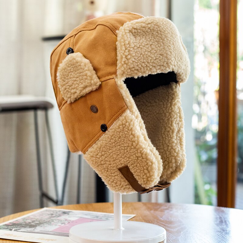 Ski Hat Pilot Bomber Hat Unisex Wind and Cold Winter Cotton Hat Ear Protection and Velvet Earmuffs Cycling Goggles Fluffy Hat: yellow hat