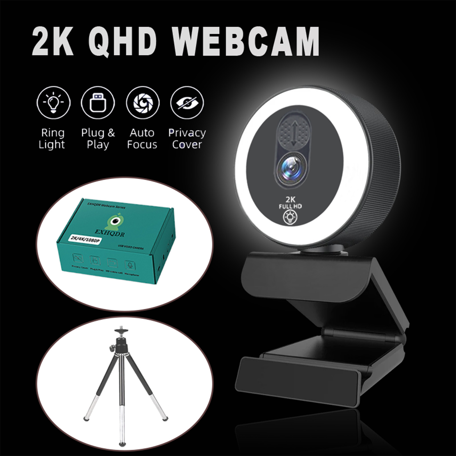 EXHQDR 4K/2K/1080P HD USB Plug & Play Webcam with 3‑Level Fill Light, Auto Focus, Built‑in Microphone, Type‑C Adapter & Tripod f