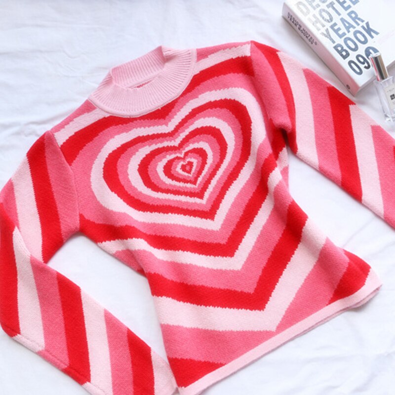 Y2K-suéter de manga larga para mujer, suéter de cuello alto a rayas con corazón, color rosa, estilo Harajuku, años 90