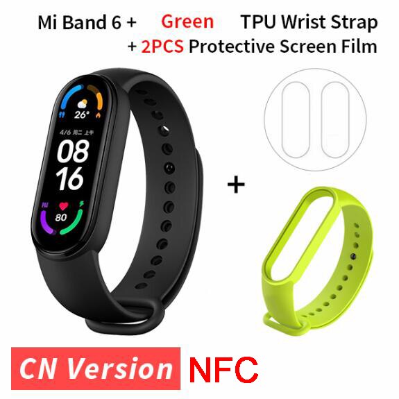 Xiaomi Mi Band 6 NFC inteligentna bransoletka 1.56 &quot;ekran AMOLED 5 kolorów tlen krwi tętno Fitness Tracker wodoodporny Miband6: green strap film