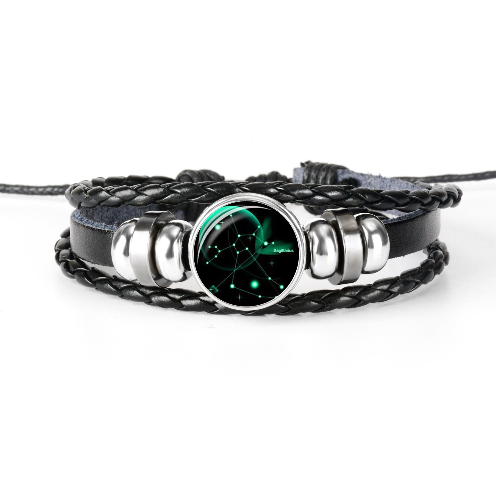 Zodiac Bracelet Charm Diy Jewelry Constellation Glass Metal Buckle Black Multilayer Leather Bracelet Women Men: Sagittarius