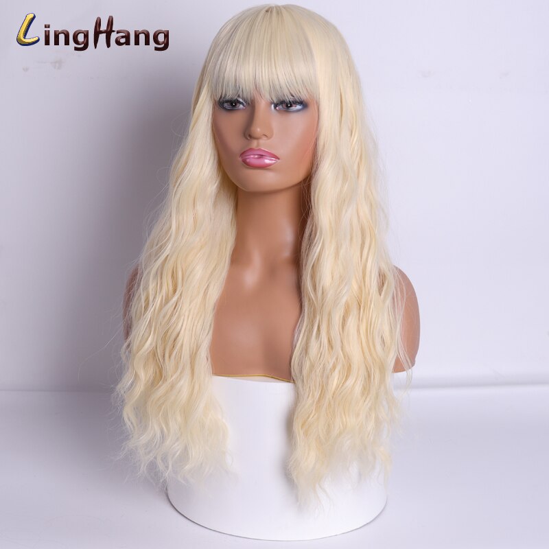LING HÄNGEN Lange Wellig frauen Perücke 24-Zoll Synthetische Braun Haar Mit Pony Natürliche Wellenförmige Hohe Temperatur Faser perücke: 613