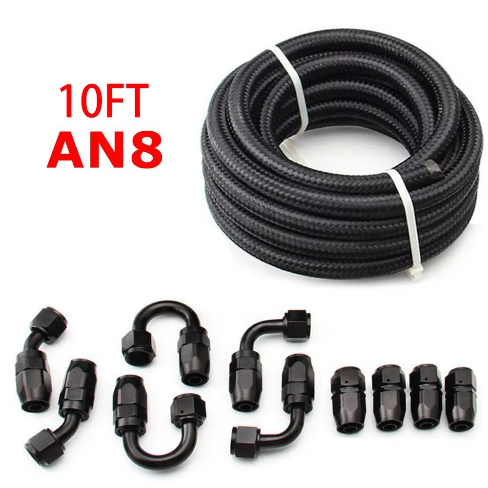 10ft An6/An8/An10 Olie Brandstof Fittingen Slang Einde 0 45 + 90 + 180 Graden Olie Adapter Kit Gevlochten Olie Brandstofslang Lijn 3M Zwart Met Klemmen: Goud