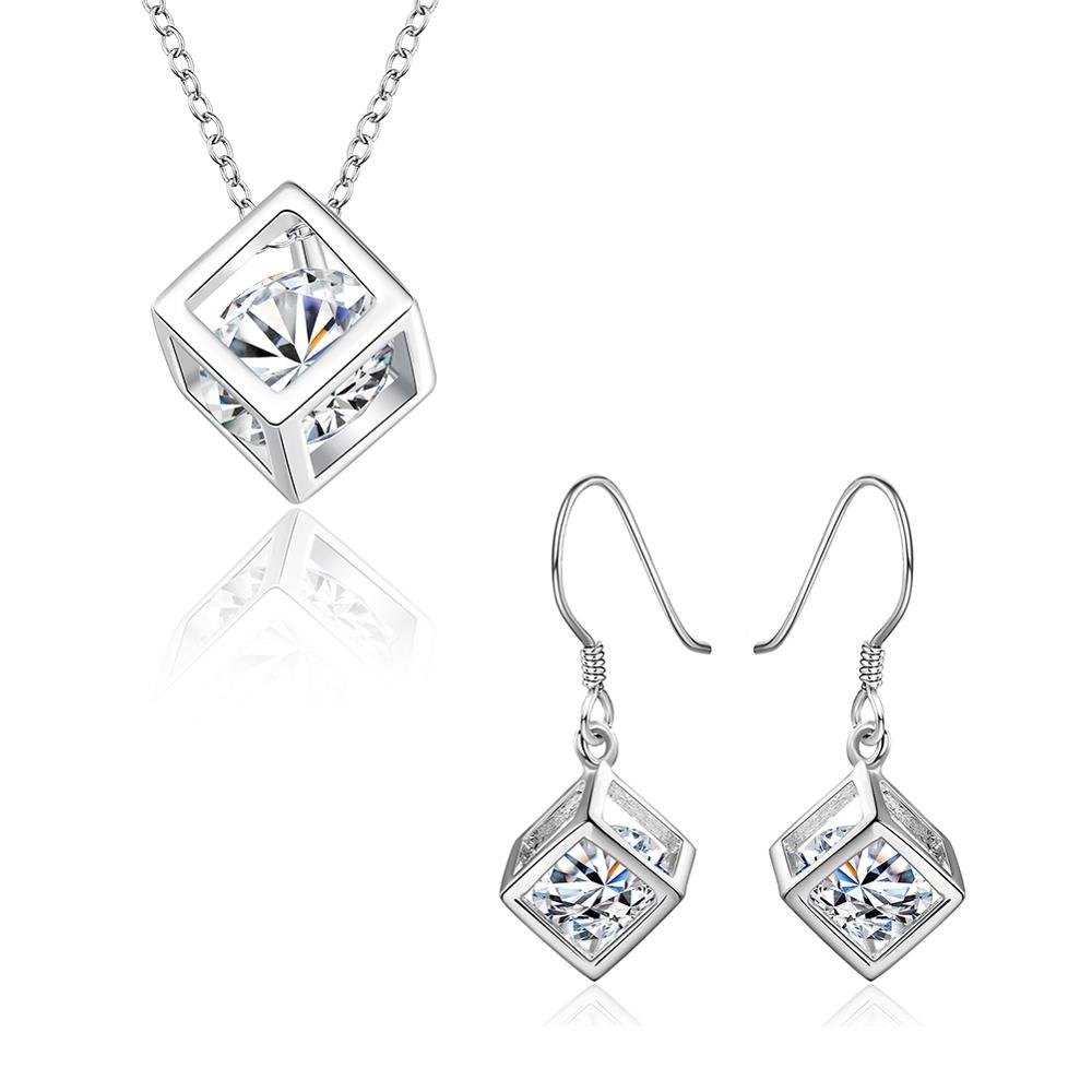 925 Zilveren Sieraden Set Zilveren Zirkoon Kristal Vierkante Ketting Oorbellen Set Voor Vrouw Charm Jewelry