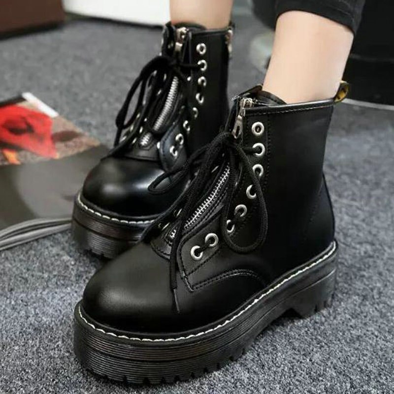 Frauen kurze knöchel Spitze hoch Stiefel Frau Plattform Leder draussen motorcyle Stiefel Reißverschluss Martin Bootie Punk Bota Feminina B12-05