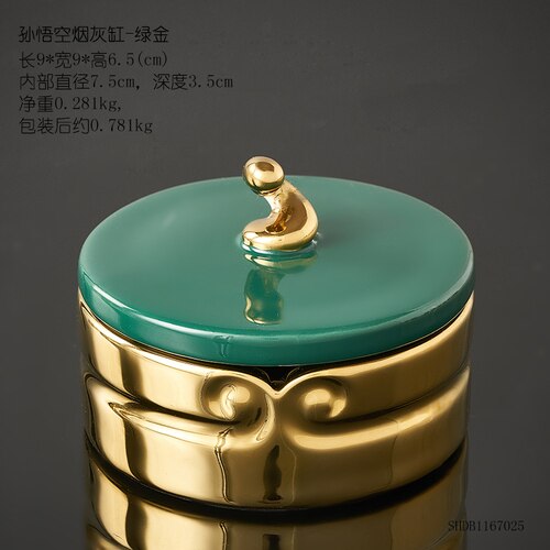 Cenicero dorado de cerámica con tapa, decoración artística para oficina, Cenicero de esmalte para el hogar, sala de estar, mesa de centro, para novio: F