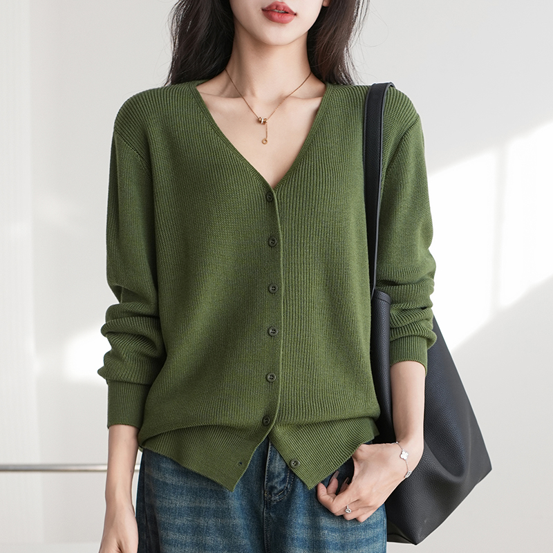 Spring/Autumn 100% Cotton Women's Sweater Casual V-neck Knitted Cardigan Ethnic Style Korean Edition Large Jacket Ttops: M / green
