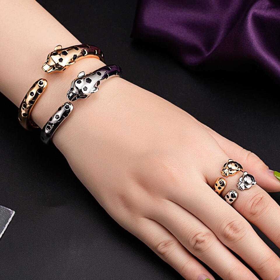 Zlxgirl Statement Punk Black Spots Leopard bangle with Ring set Animal Panther bracelet for Women Party free ship