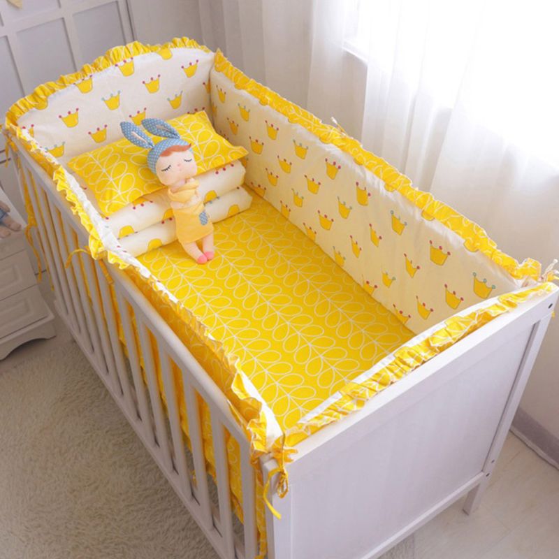 5pcs Cotton Baby Bedding Set Washable Toddler Crib Bumper Bed Sheet Pillowcase bumper is removable: yellow