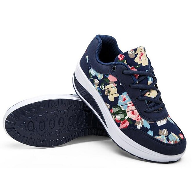 Breathable Women Toning Shoes Flower Printed Comfortable Thick Soles Heighten Swing Shoes Platform Wedge Sneakers: Blue / 5