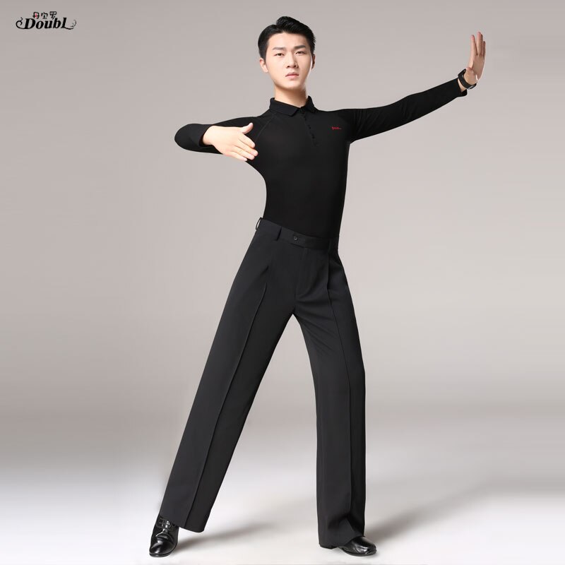 Doubl-camiseta negra de Tops de baile Latino para hombre, camiseta de Salsa de Vals, Trajes de baile latino de manga larga estándar nacional