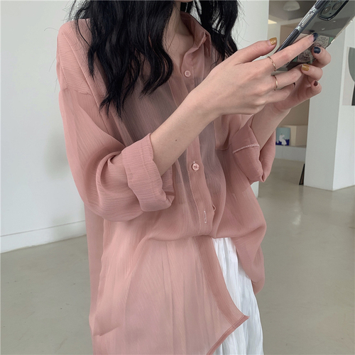Blusas de mujeres Vintage sólido coreano Chic Sol de verano-prueba básica mujer blusa Top-Encuentro de suave dama camisas: pink