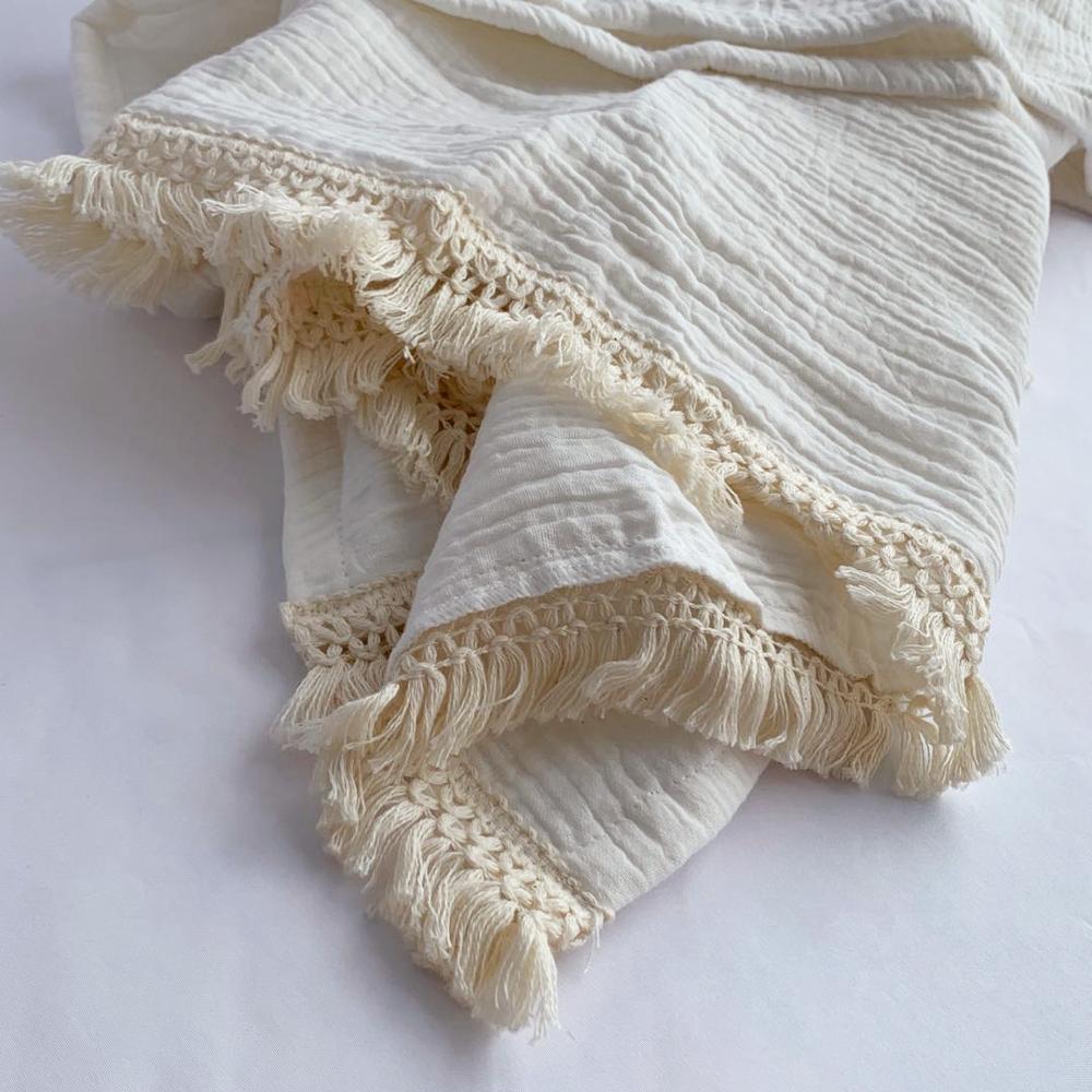 4 lags bomullsmuslin babyteppe med dusk sommerlaken sengeteppe bomull badehåndkle babymottaksteppe: Off white