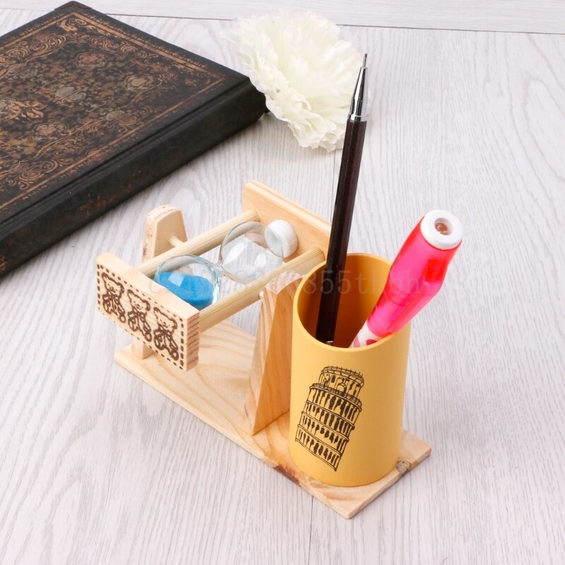 Minuterie bois porte-stylo accessoires de bureau avec sablier gommage porte-crayons
