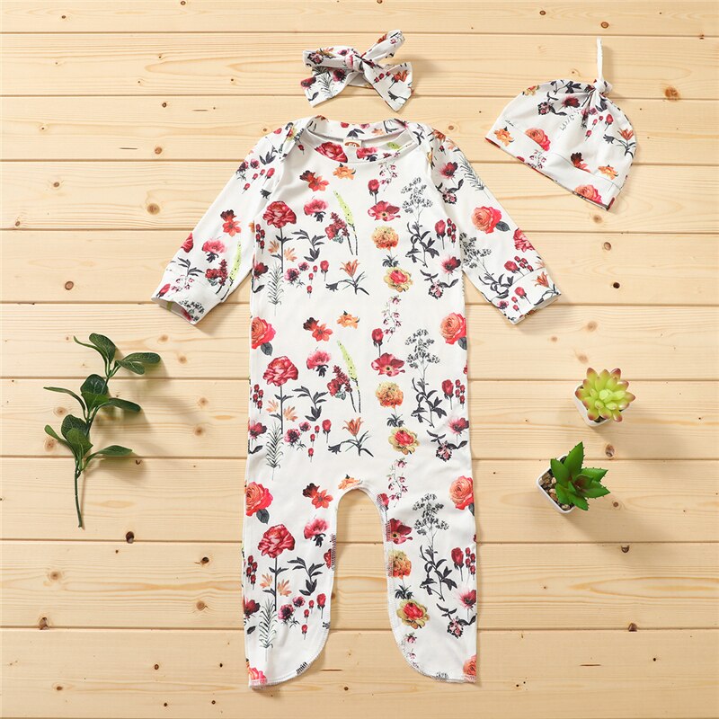 3 Pcs Pasgeboren Bloemen Nachtkleding Baby Baby Lange Mouw Ronde Hals Aparte Benen Slaap Slijtage + Hoed + Hoofdtooi Pasgeboren meisjes Gewaden