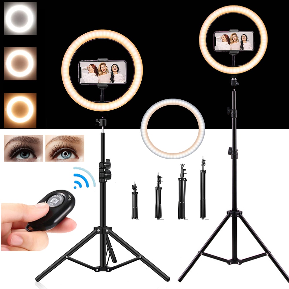 Anillo de luz LED para Selfie de 26cm con trípode, anillo regulable, lámpara para cámara de vídeo, luz de llamada para foto, vídeo en vivo, luz de relleno