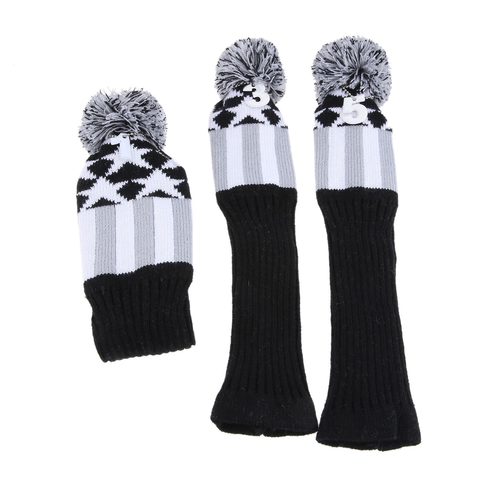 SURIEEN 3 Pcs Pom Pom Golf Wood Club Head Covers Headcover Knitted Long-neck Sock Golf Club Cover Headcovers Soft Protect Set