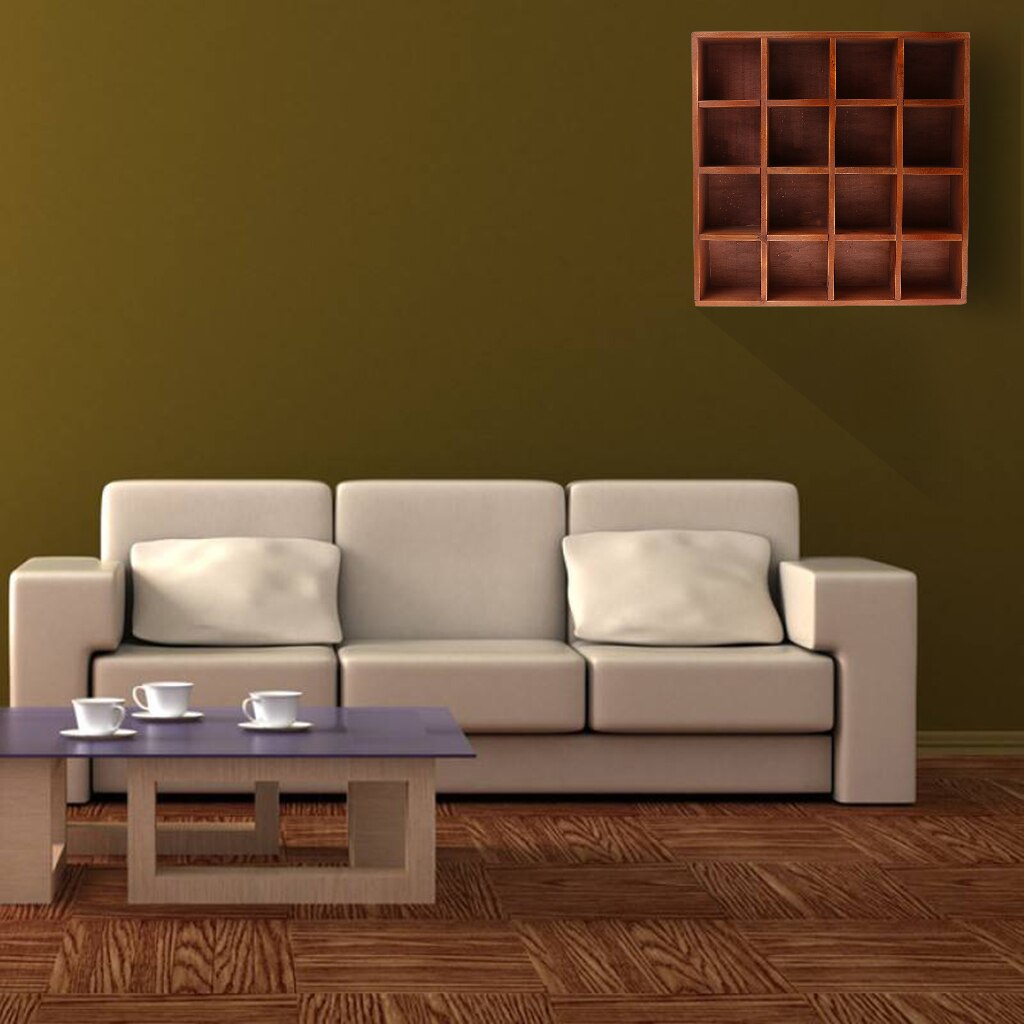 Wooden Home Organizer 16 Grids Wall Shelf for Cellection Gadget Display Case