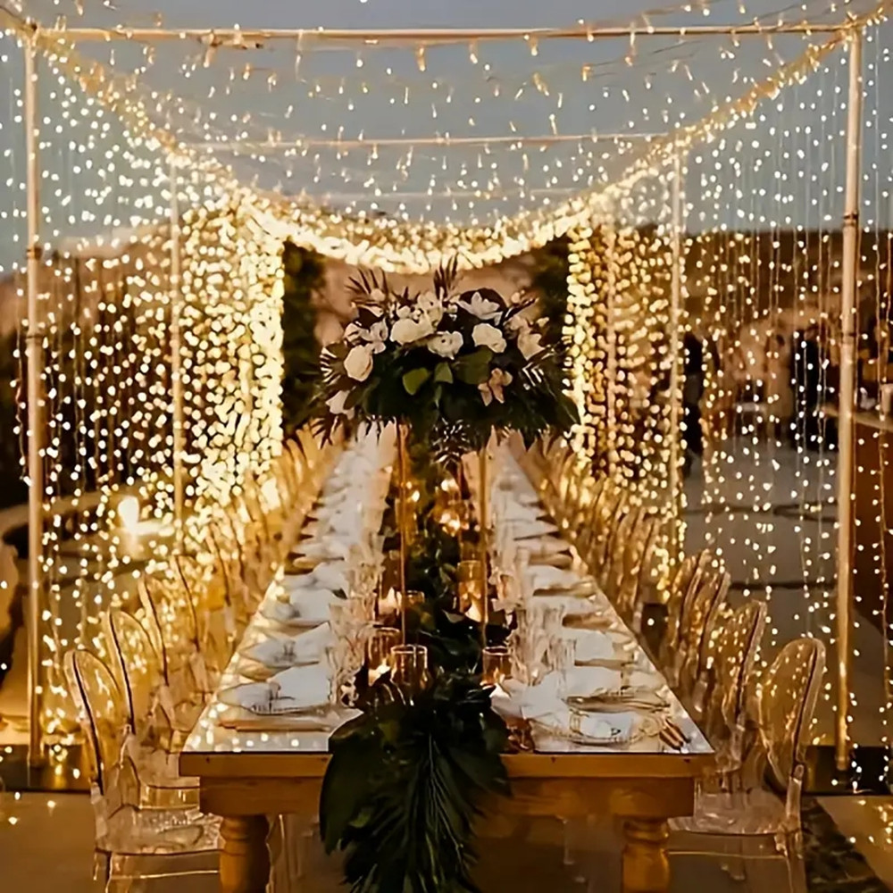 Guirnalda de luces LED para cortina, 8 modos, guirnalda de luces navideñas para exteriores, hogar, boda, de cumpleaños, decoración de jardín