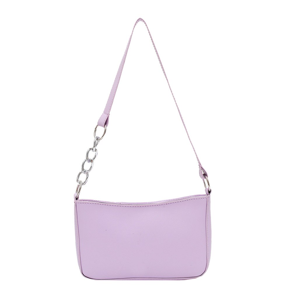 Solid Color PU Leather Women Handbag Tote Chain Casual Underarm Shoulder Bags Exquisite Shopping Bag: Purple 