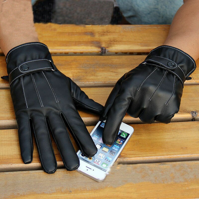 heren Zwart PU Lederen Handschoenen Touch Screen Handschoenen Thicken Pluis Gevoerde Warme Winter Rijden Handschoenen Voor Mannelijke
