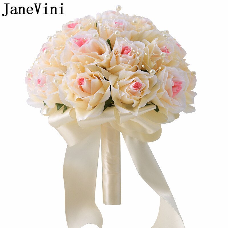 JaneVini Champagne White Bridal Flowers Bride Hand Bouquet Pearls Artificial Groom Flower Bouquet Brooch Mazzi Di Fiori