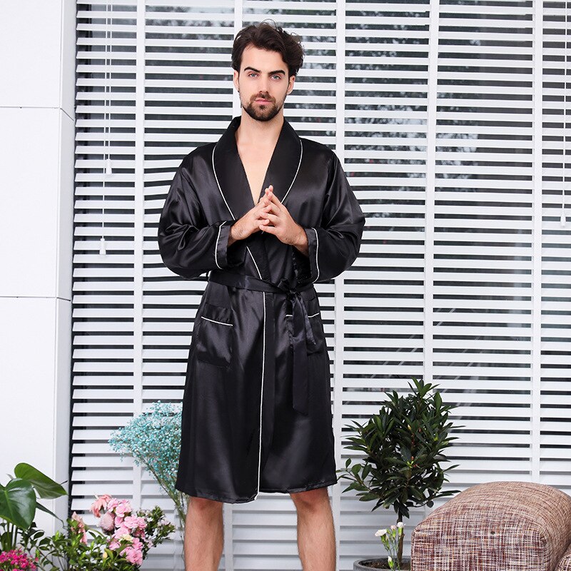 Nattøy til menn silke sateng pyjamas kappe fast langermet badekåpe herre badekåpe nattøy herre hjemmeklær pluss størrelse 4xl 5xl: Svart 2 / 5xl
