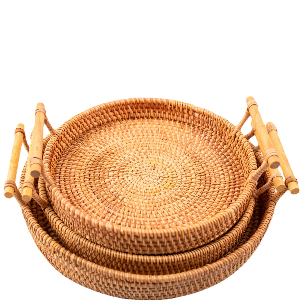 Dessert tray Breakfast plate Handmade Rattan Portable Tray Bread Fruit Snack Picnic Basket Home Table Decoration cup table mat: set