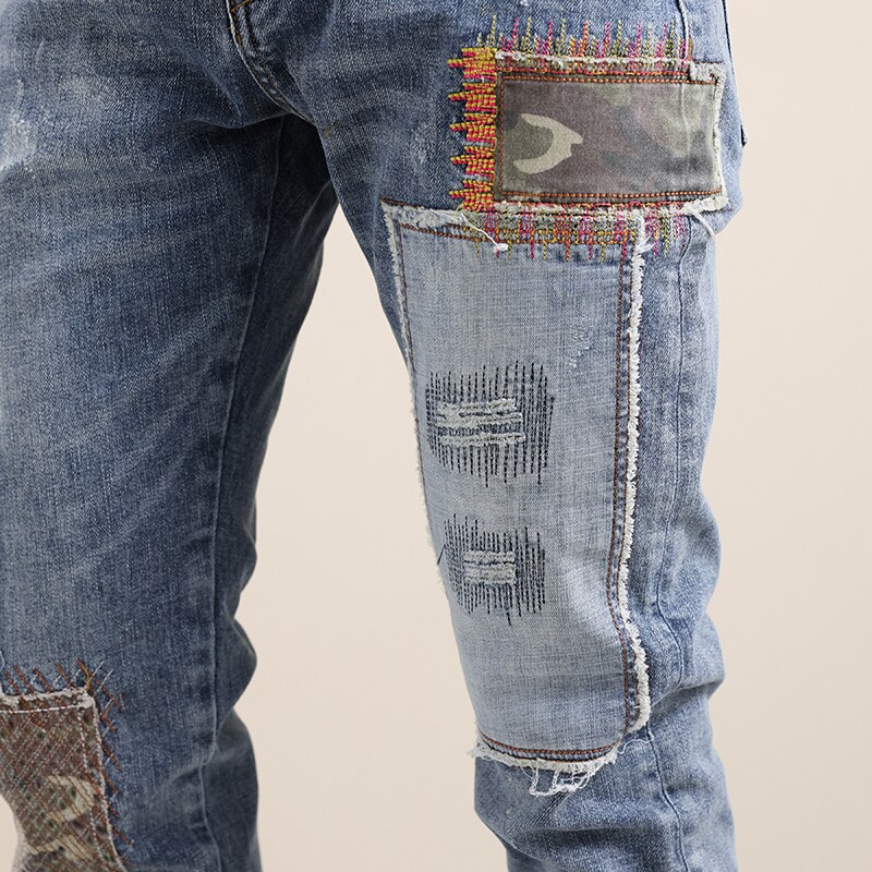 Embroidered Camouflage Patch Jeans Men Splicing Streetwear Male Wear Ripped Hole Skinny Jeans Denim Trousers