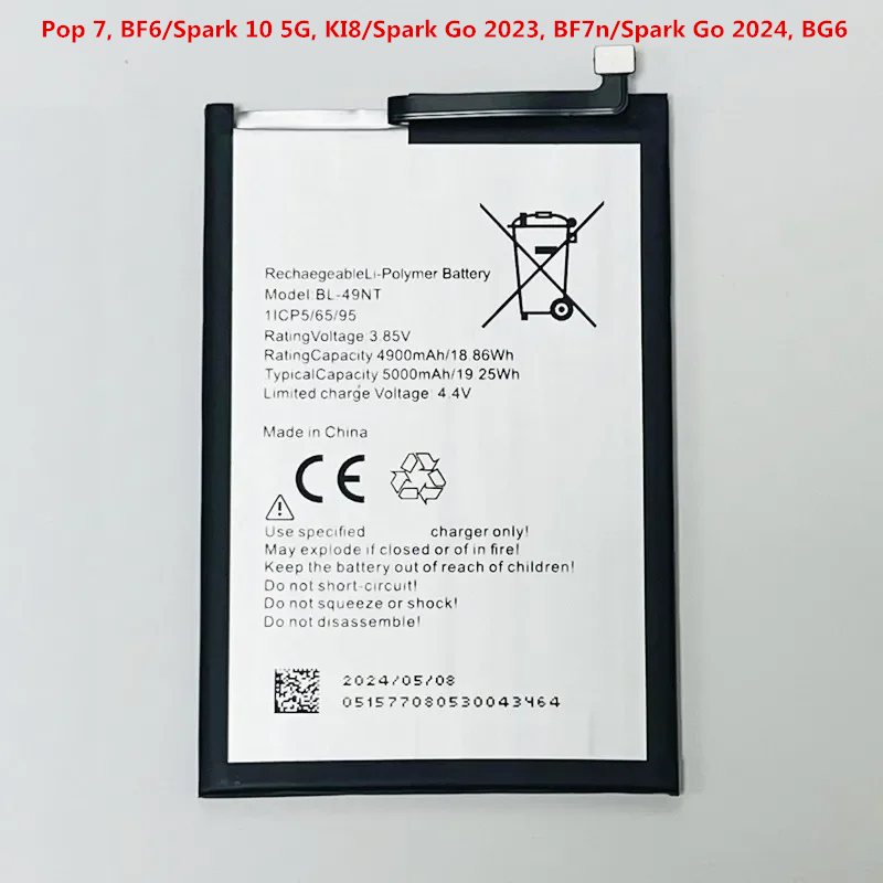 3.85V 5000mAh BL-49NT per Tecno pop 7, BF6/scintilla 10 5G, KI8/scintilla andare 2023, BF7n/scintilla andare 2024, BG6/scintilla andare 1, CL4, KL4 Batteria: ORO