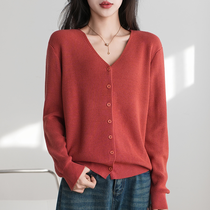 Spring/Autumn 100% Cotton Women's Sweater Casual V-neck Knitted Cardigan Ethnic Style Korean Edition Large Jacket Ttops