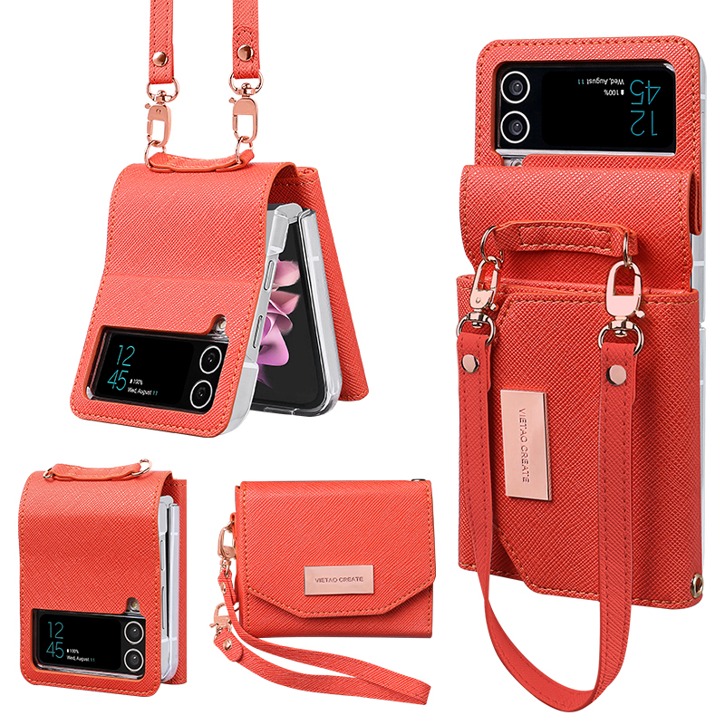 Vietao-Funda tipo billetera de cuero para Samsung Galaxy Z Flip 4, 3, Z4, Z3, funda para teléfono z flip 5 con correa de mano, funda z flip 6: PP / Trans-rosa oscuro