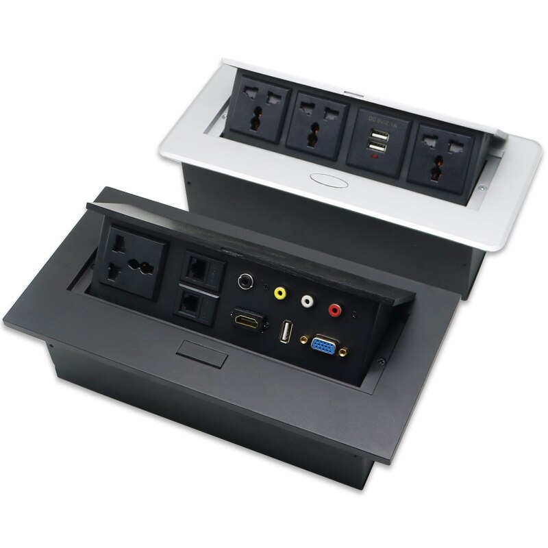 COSWALL Zinc Alloy Plate 16A Slow POP UP 2 Power EU Socket Dual USB Charge Port 2.1A Office Table Desktop Outlet Black Steel Box
