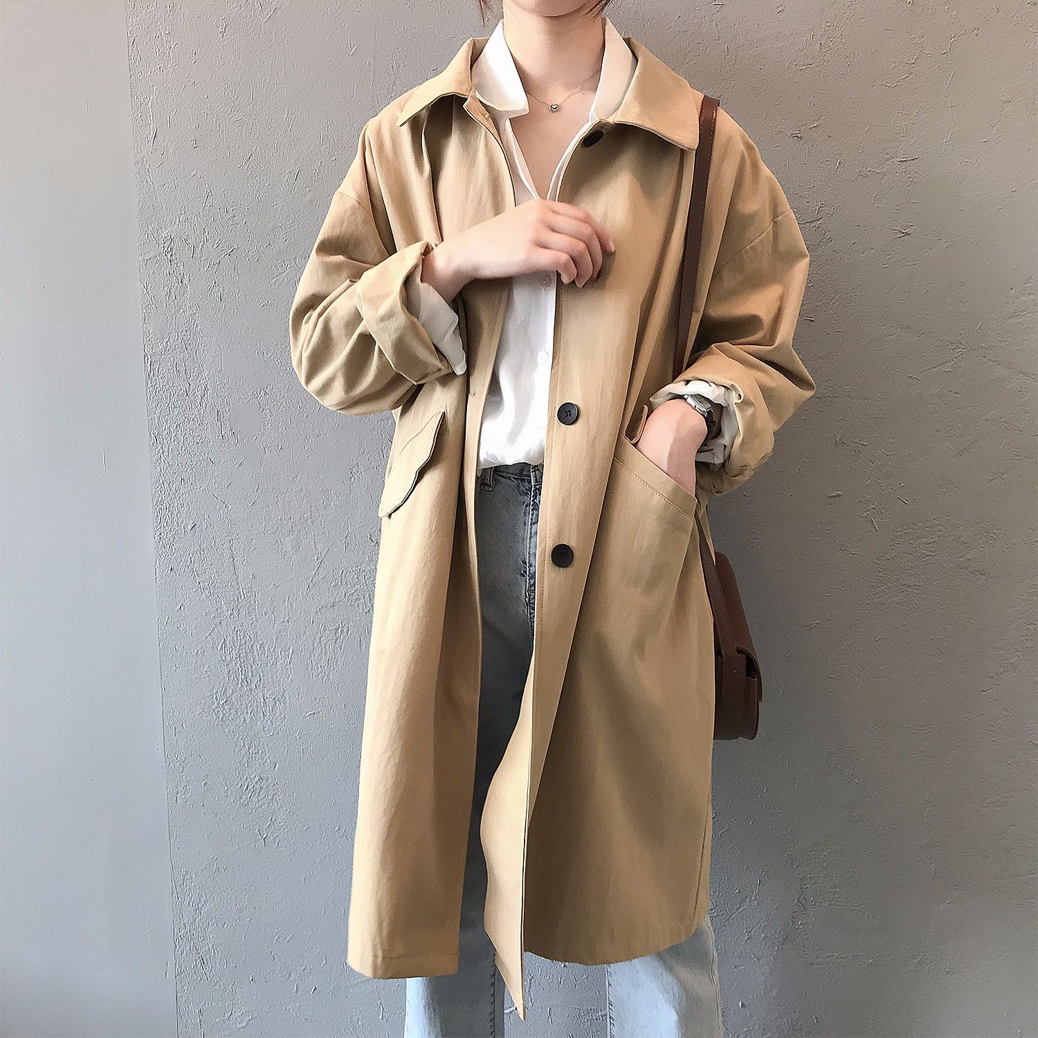 Herfst dames katoenen trenchcoat losse omslagkraag dameskleding lange jas casaco feminino abrigo mujer trench femme
