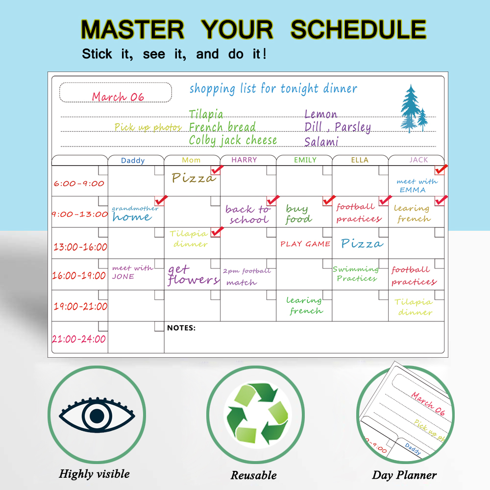 Dry Erase Calendar - A3 Magnetic Dry Erase Weekly Calendar for Refrigerator - Grocery List and Week Menu Board for Fridge