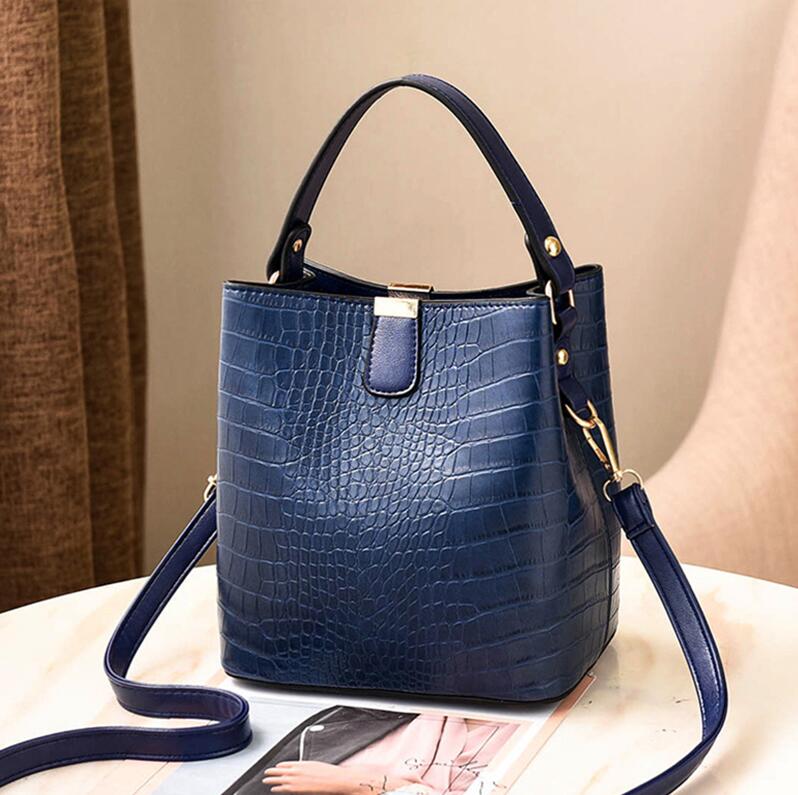 Laamei Solid Handbag Bucket Bags Women Pattern Handbag High Capacity Casual Crocodile Shoulder Messenger Bags Ladies PU Purse: Dark blue