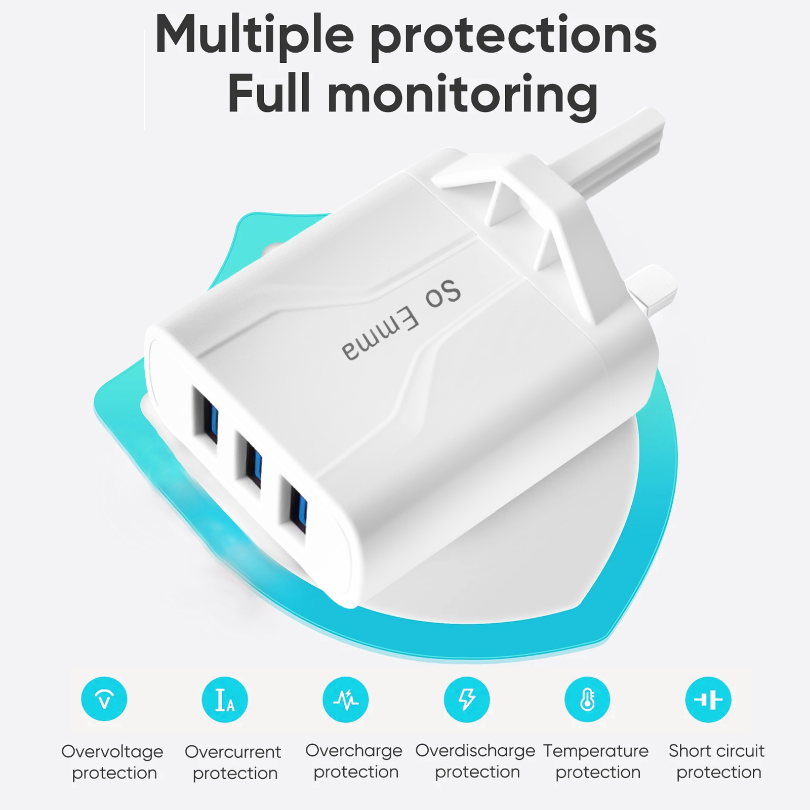 3-poorts USB-oplader Wandoplader, Multi USB-voedingsadapter voor iPhone, Android-telefoons, mobiele telefoons, camera's en MP3, UK-stekker