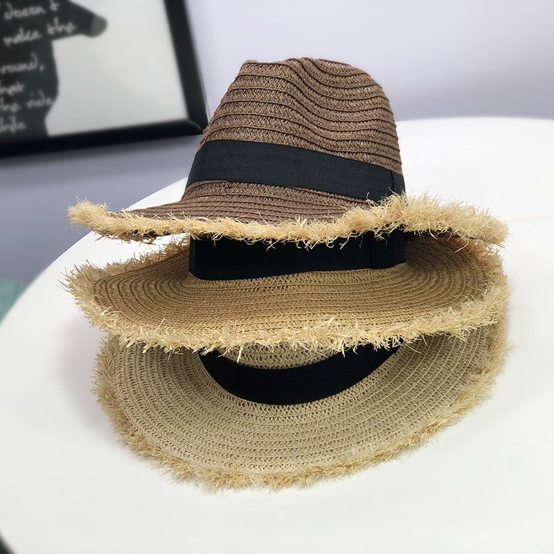 2022 Women Natural Wide Brim Burr Raffia Straw Hat Grandado 1227