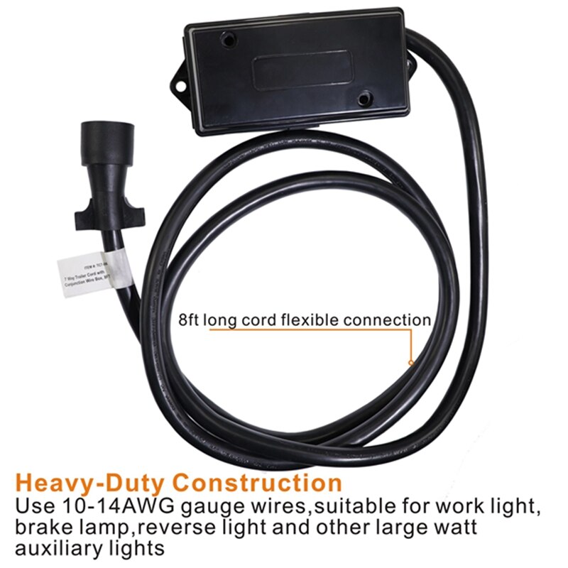 Heavy Duty 7 Way Plug Inline Trailer Cord With 7 Gang Junction Box - 8 Feet,Weatherproof