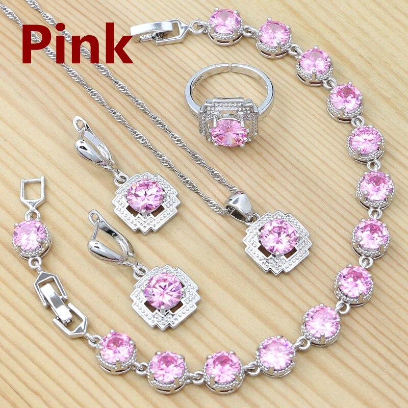 Conjunto de joyería de plata 925 para mujer, anillo redondo rojo granate, pendientes, pulsera, colgante, cadena, joyería cuadrada: Rosa